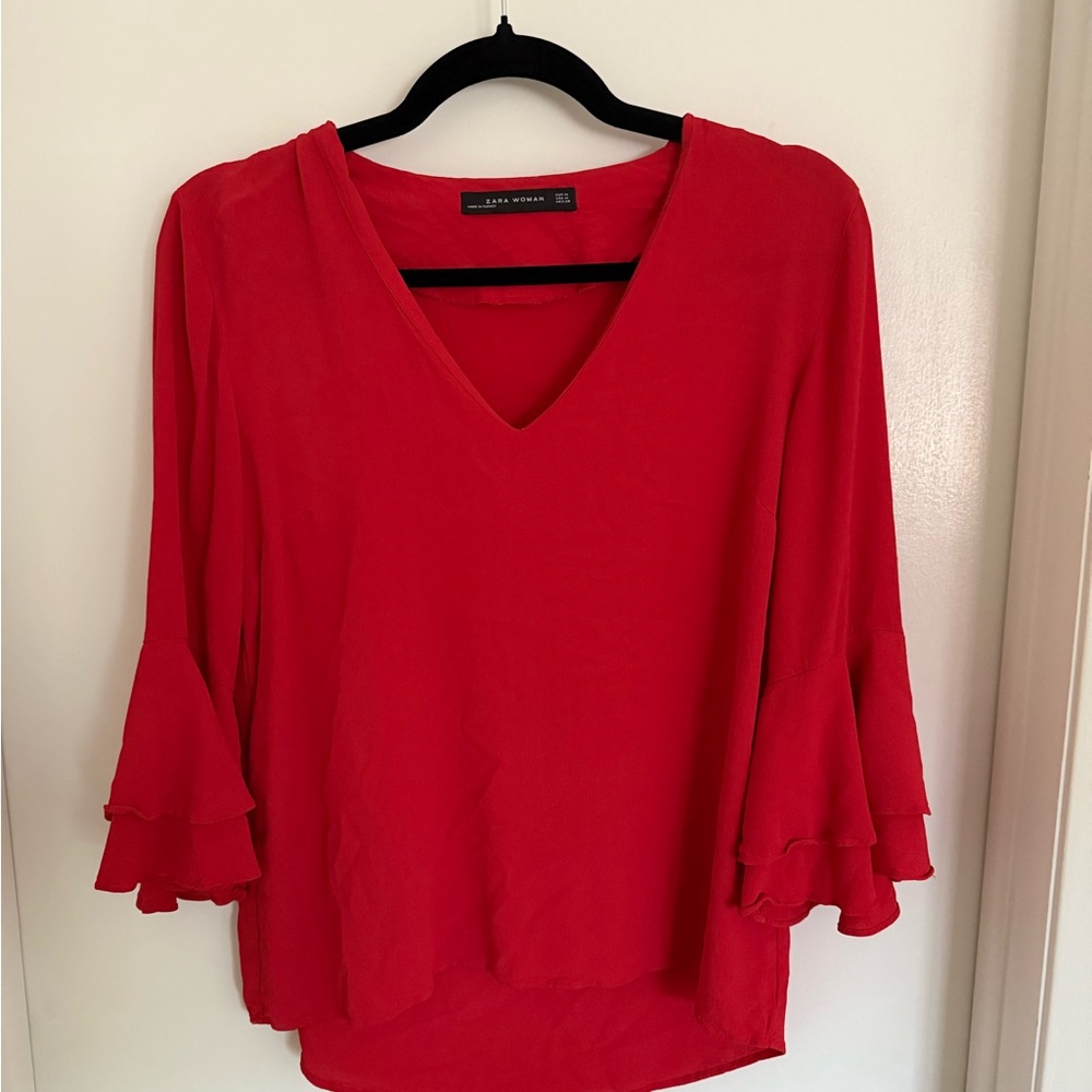 Zara Red V-Neck Ruffle Sleeve Top